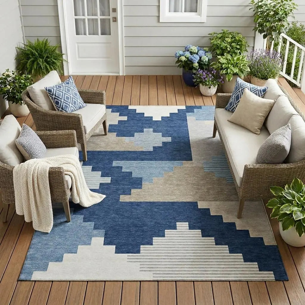 8' X 10' Navy Blue And Blue Geometric Washable Indoor Outdoor Area Rug Homeroots Outdoor