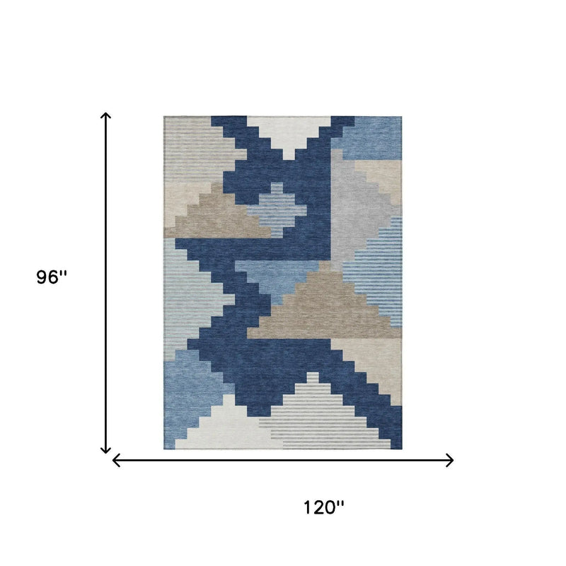 8' X 10' Navy Blue And Blue Geometric Washable Indoor Outdoor Area Rug Homeroots Outdoor