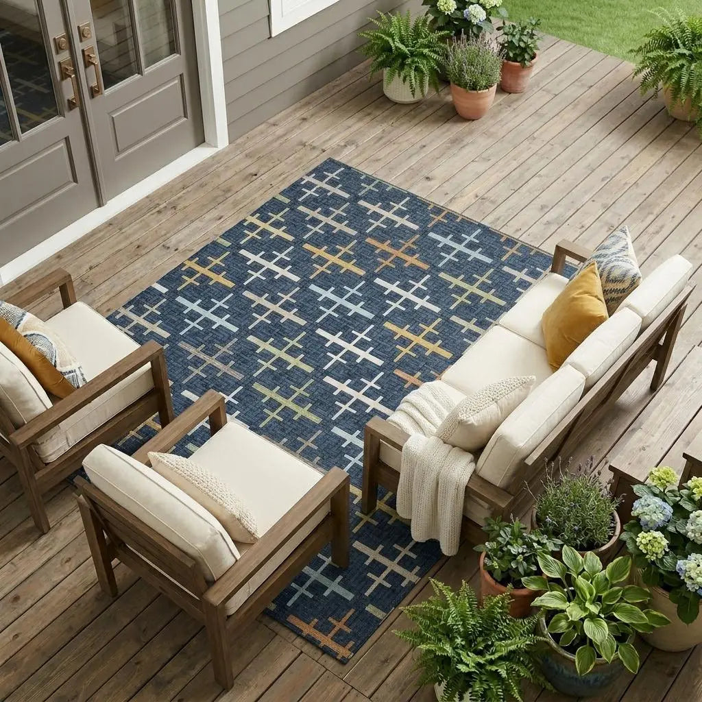 8' X 10' Navy Blue And Blue Geometric Washable Indoor Outdoor Area Rug Homeroots Outdoor