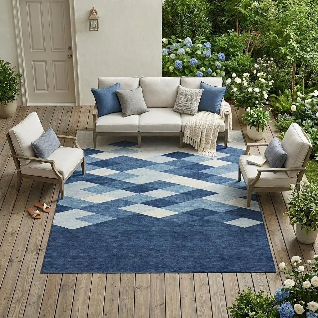 8' X 10' Navy Blue And Blue Geometric Washable Indoor Outdoor Area Rug Homeroots Outdoor