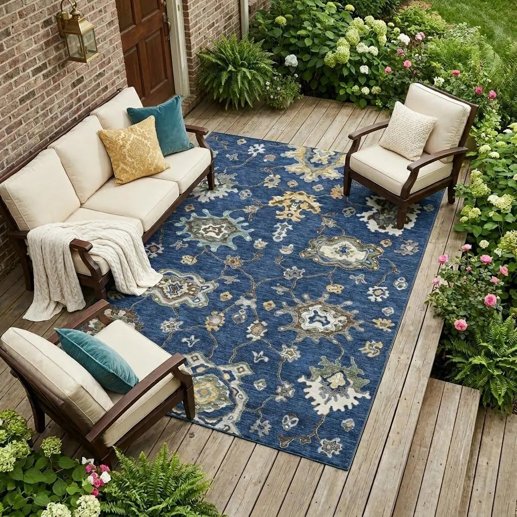 8' X 10' Navy Blue And Blue Oriental Washable Indoor Outdoor Area Rug Homeroots Outdoor