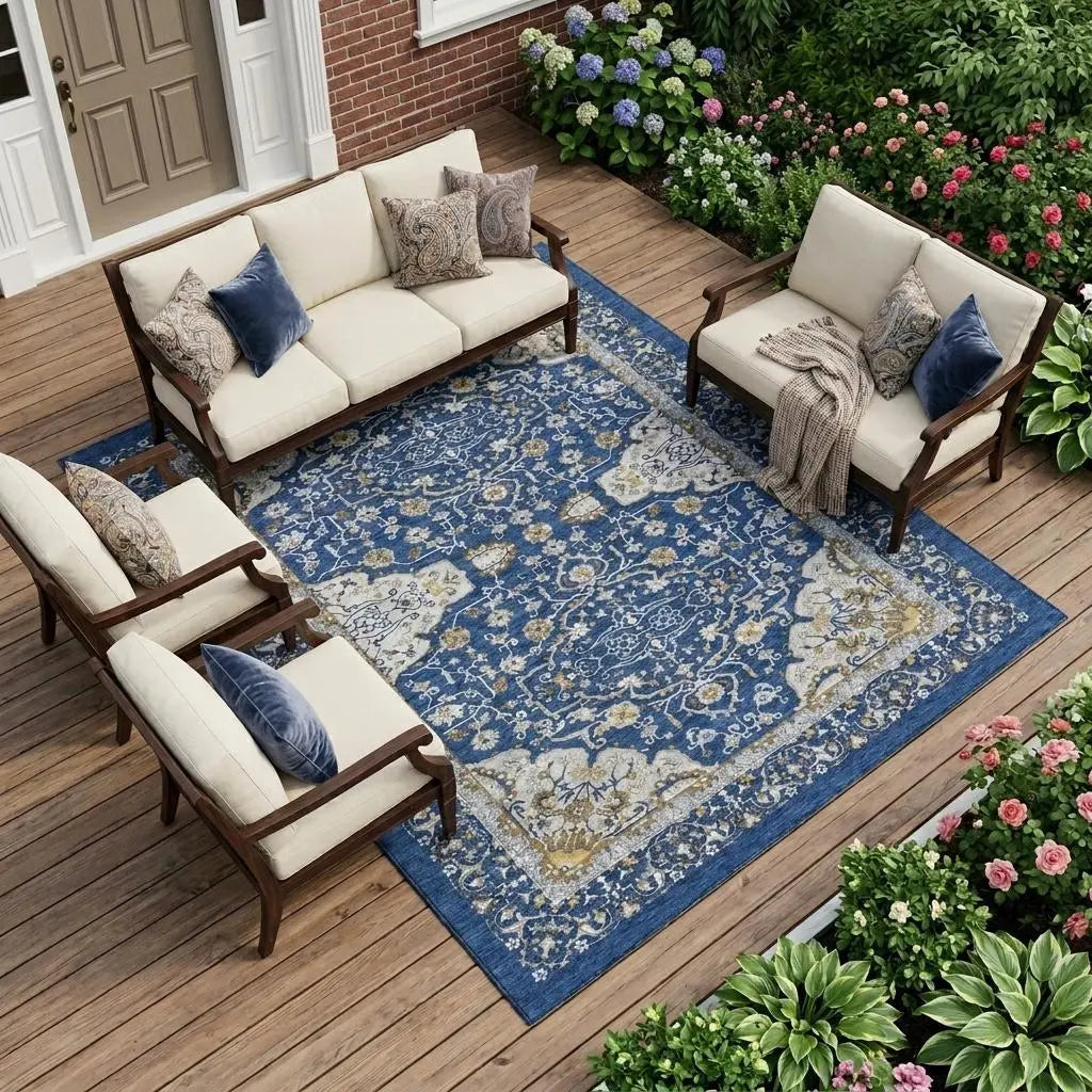 8' X 10' Navy Blue And Blue Oriental Washable Indoor Outdoor Area Rug Homeroots Outdoor
