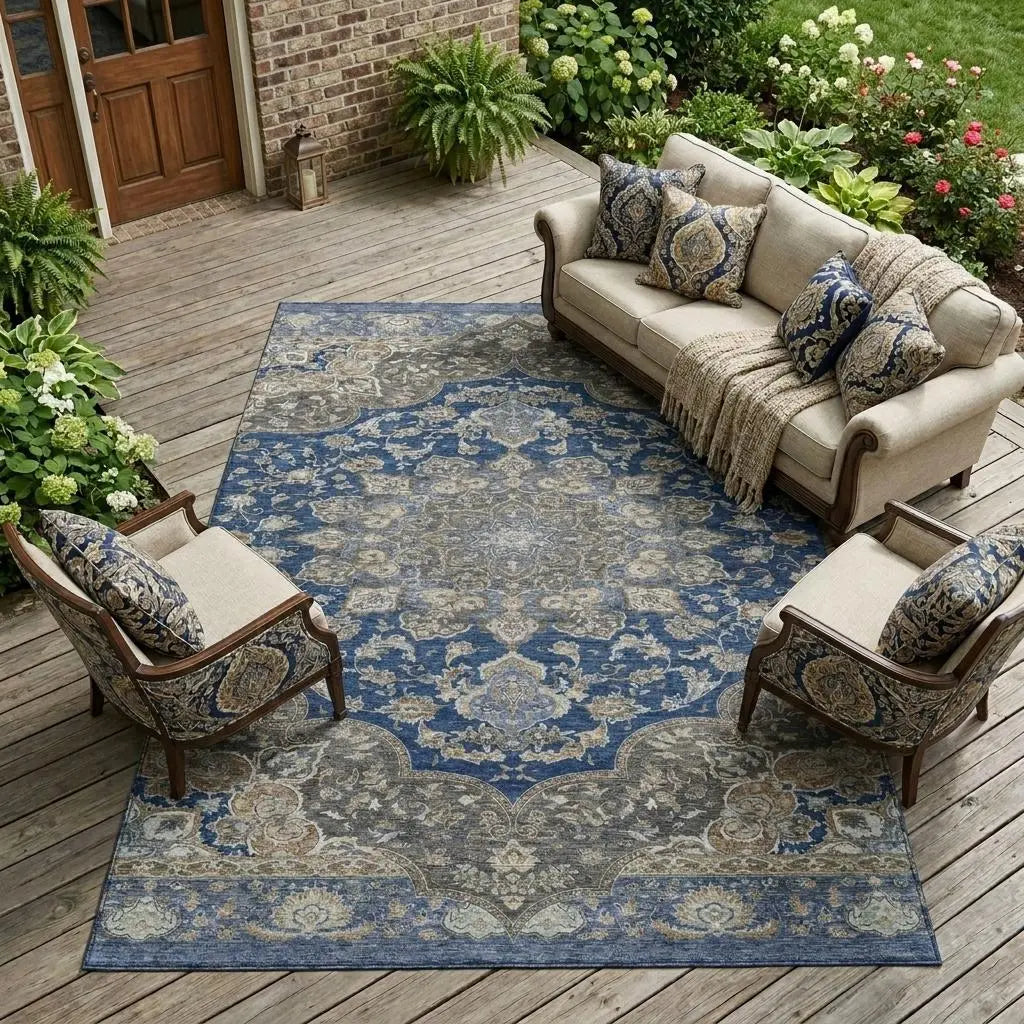 8' X 10' Navy Blue And Blue Oriental Washable Indoor Outdoor Area Rug Homeroots Outdoor