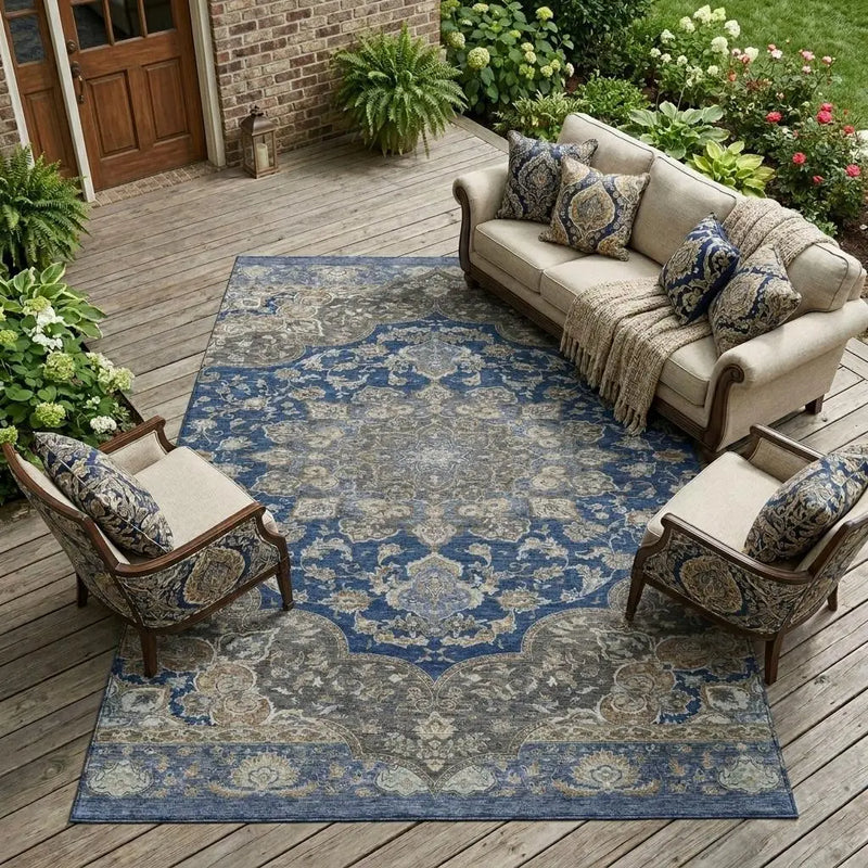 8' X 10' Navy Blue And Blue Oriental Washable Indoor Outdoor Area Rug Homeroots Outdoor