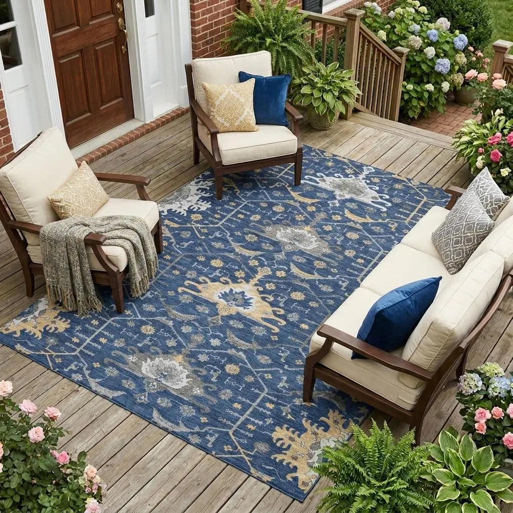 8' X 10' Navy Blue And Blue Oriental Washable Indoor Outdoor Area Rug Homeroots Outdoor