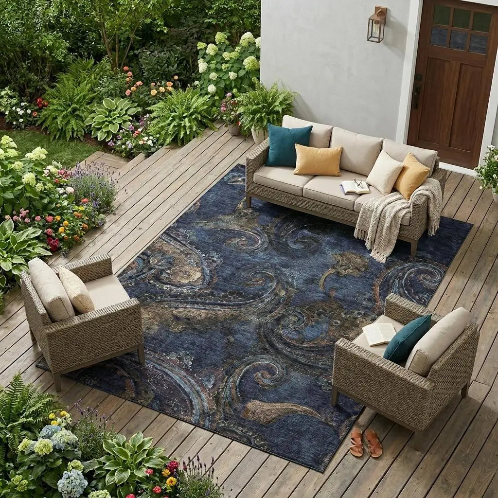 8' X 10' Navy Blue And Blue Paisley Washable Indoor Outdoor Area Rug Homeroots Outdoor