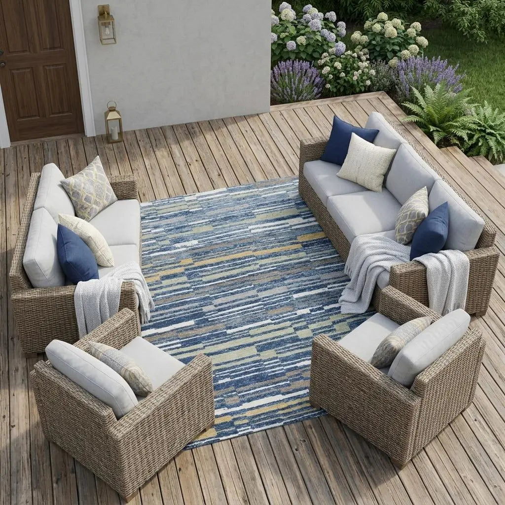 8' X 10' Navy Blue And Blue Striped Washable Indoor Outdoor Area Rug Homeroots Outdoor