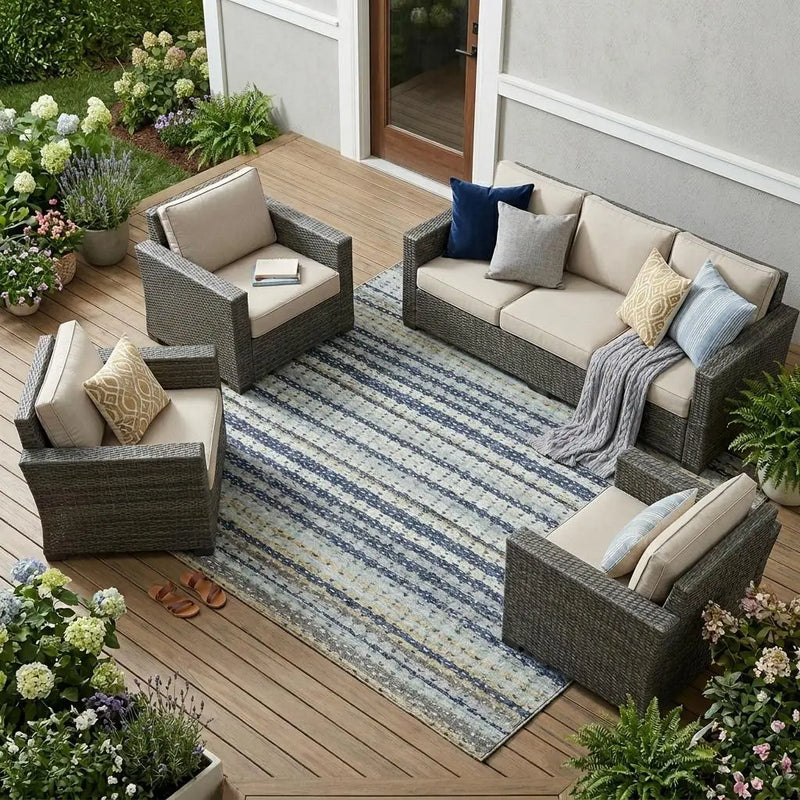 8' X 10' Navy Blue And Blue Striped Washable Indoor Outdoor Area Rug Homeroots Outdoor