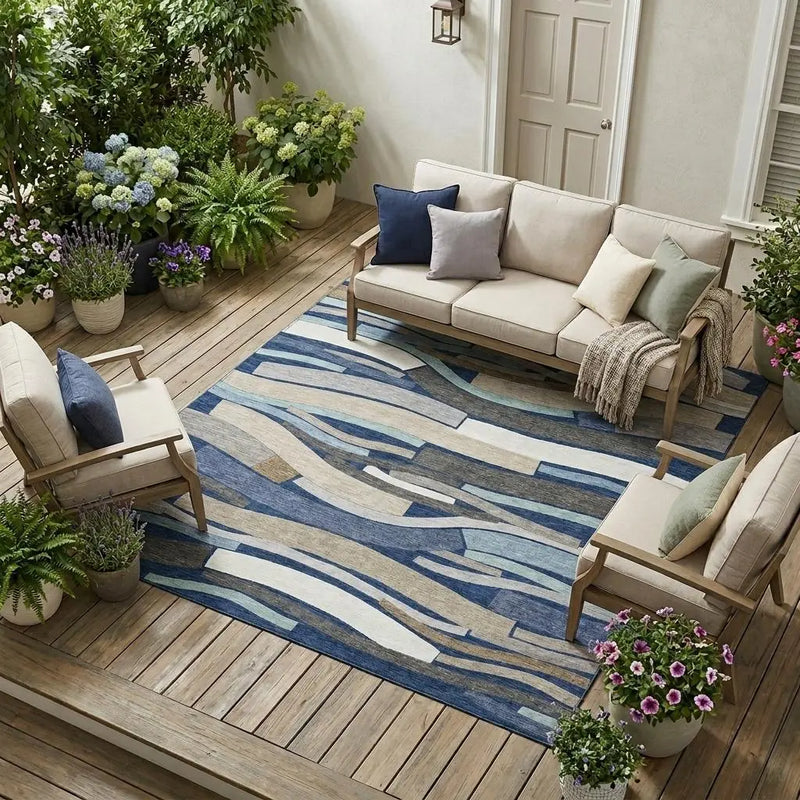 8' X 10' Navy Blue And Blue Striped Washable Indoor Outdoor Area Rug Homeroots Outdoor