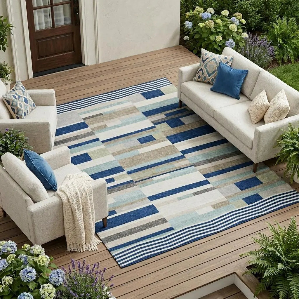 8' X 10' Navy Blue And Blue Striped Washable Indoor Outdoor Area Rug Homeroots Outdoor