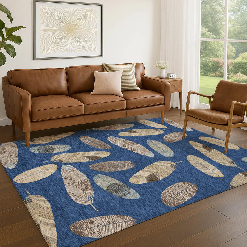 8' X 10' Navy Blue And Brown Botanical Leaves Washable Indoor Outdoor Area Rug Homeroots Outdoor