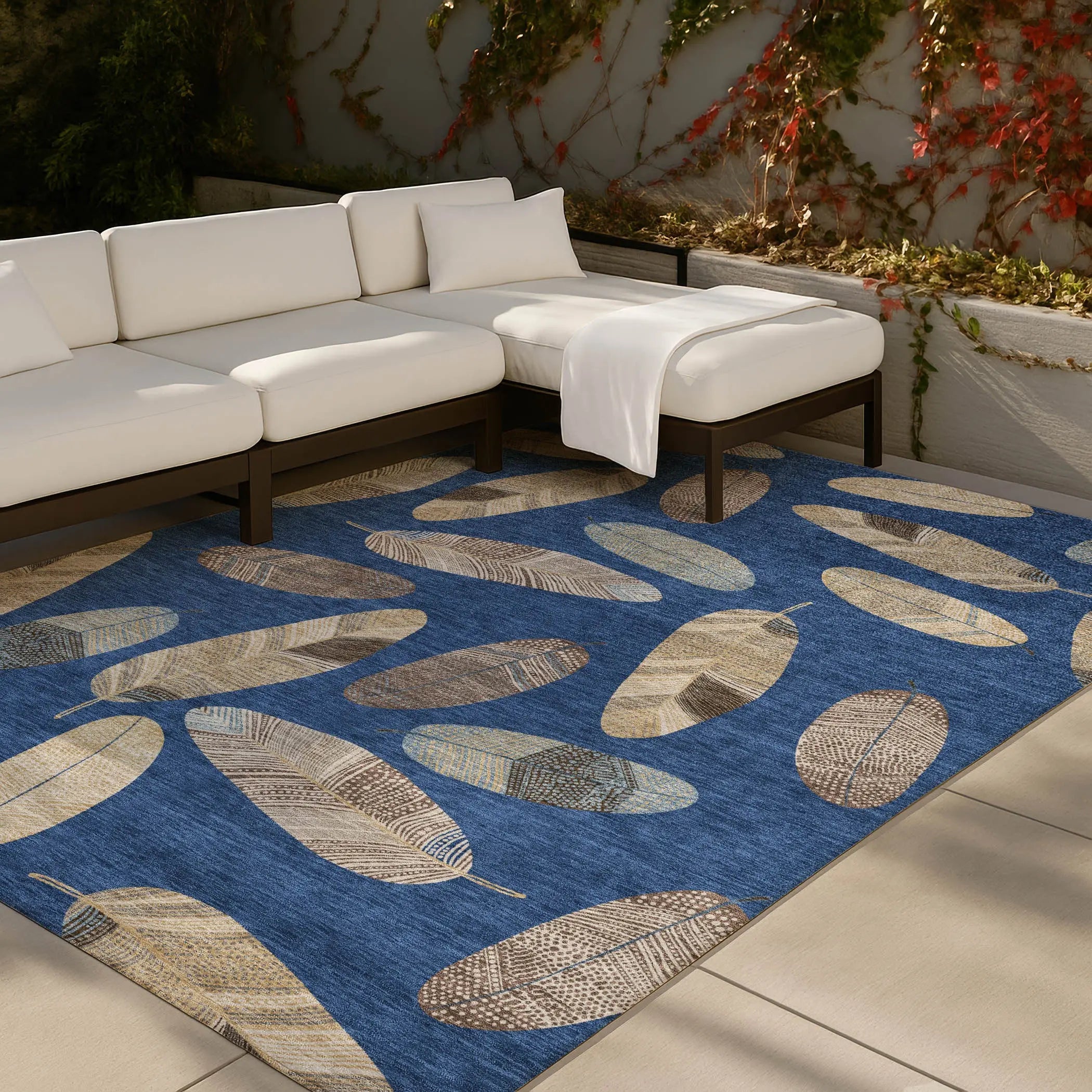 8' X 10' Navy Blue And Brown Botanical Leaves Washable Indoor Outdoor Area Rug Homeroots Outdoor