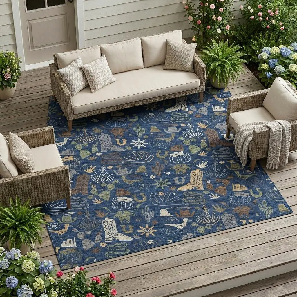 8' X 10' Navy Blue And Brown Cactus Washable Indoor Outdoor Area Rug Homeroots Outdoor