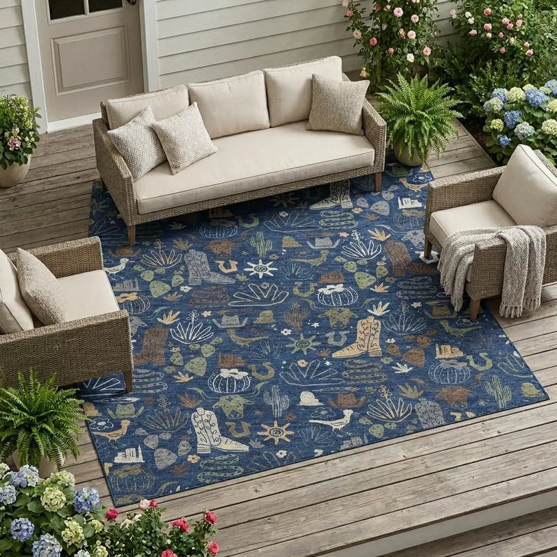 8' X 10' Navy Blue And Brown Cactus Washable Indoor Outdoor Area Rug Homeroots Outdoor