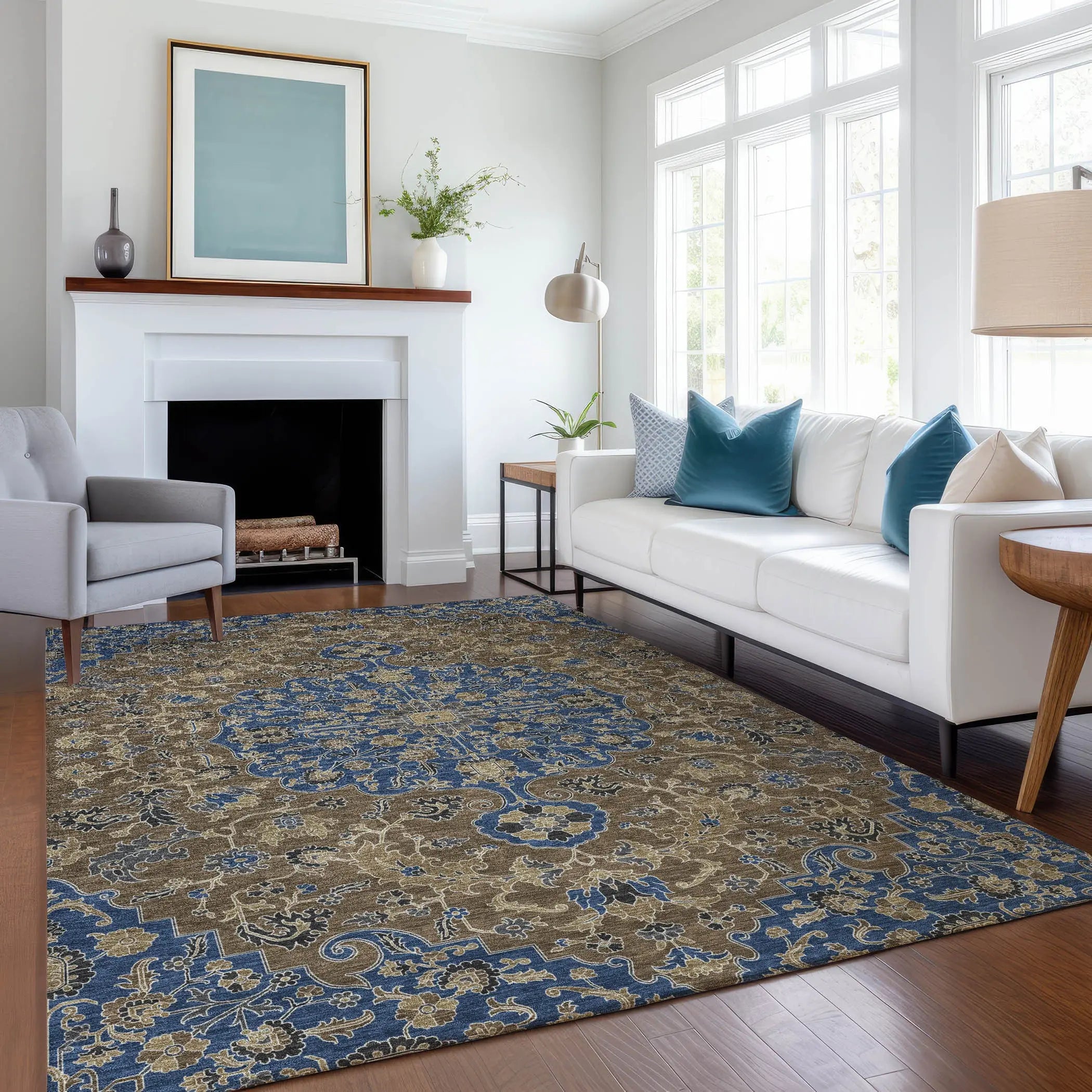 8' X 10' Navy Blue And Brown Floral Medallion Washable Indoor Outdoor Area Rug Homeroots Outdoor