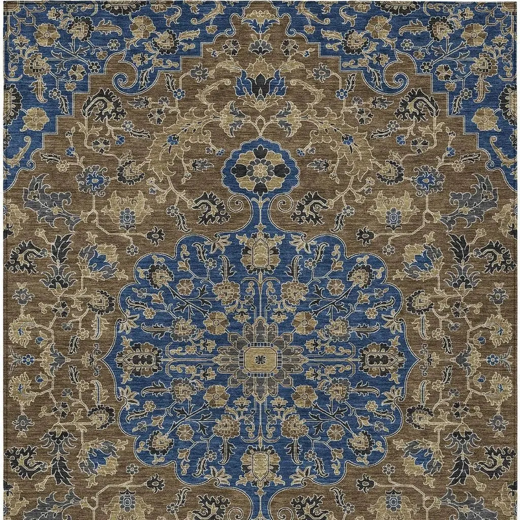 8' X 10' Navy Blue And Brown Floral Medallion Washable Indoor Outdoor Area Rug Homeroots Outdoor