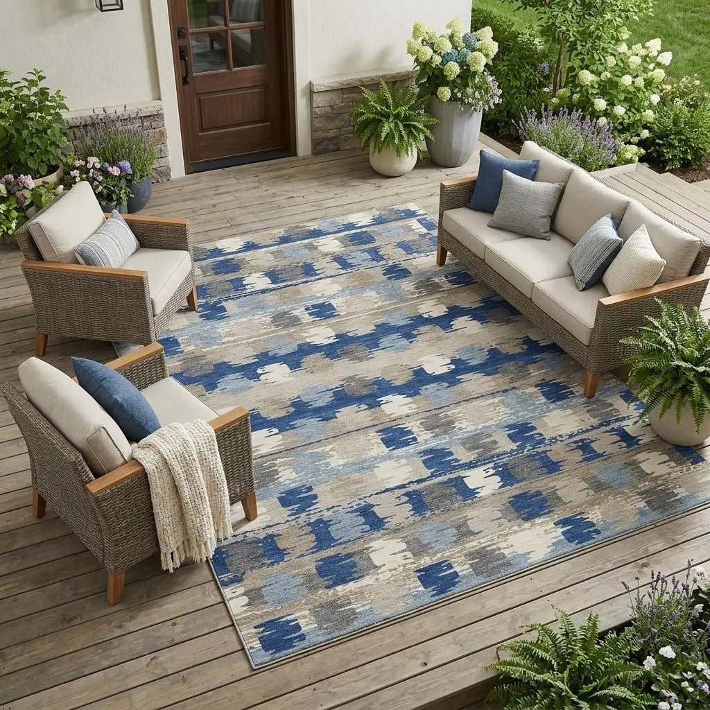 8' X 10' Navy Blue And Charcoal Abstract Washable Indoor Outdoor Area Rug Homeroots Outdoor