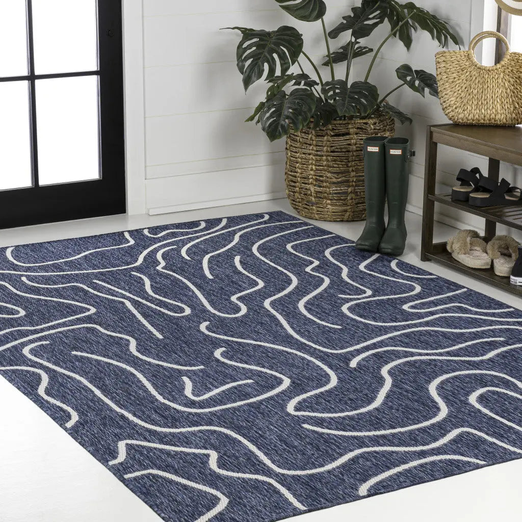 8' X 10' Navy Blue And Cream Abstract Indoor Outdoor Area Rug Homeroots Outdoor
