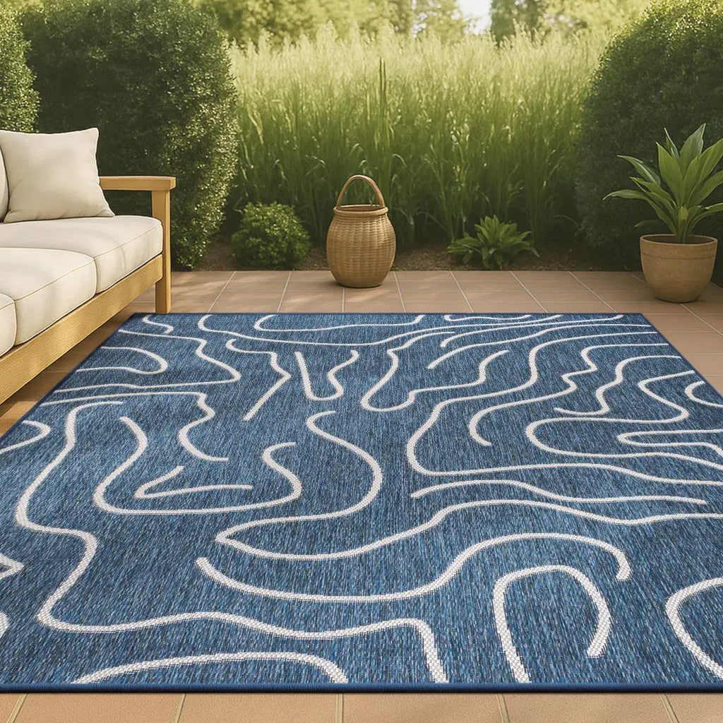8' X 10' Navy Blue And Cream Abstract Indoor Outdoor Area Rug Homeroots Outdoor