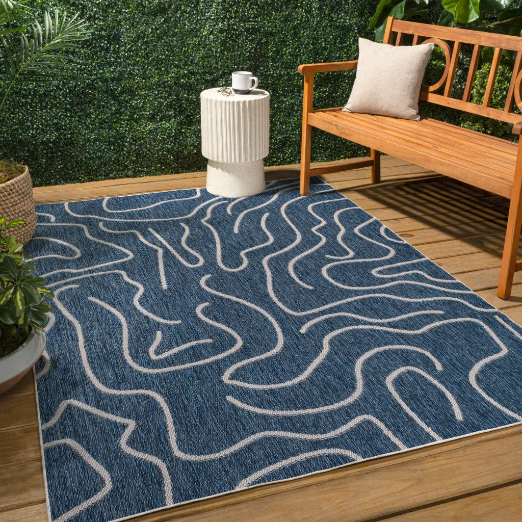 8' X 10' Navy Blue And Cream Abstract Indoor Outdoor Area Rug Homeroots Outdoor