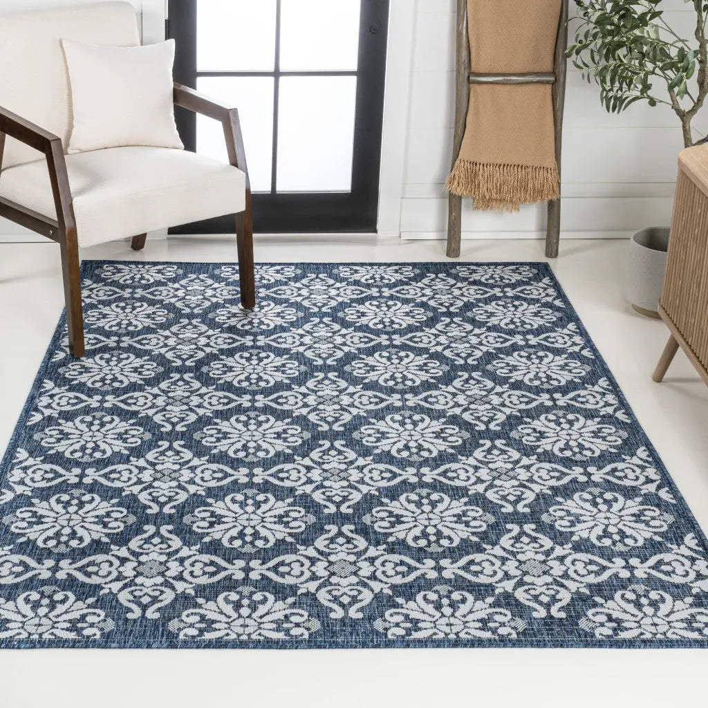 8' X 10' Navy Blue And Cream Floral Indoor Outdoor Area Rug Homeroots Outdoor