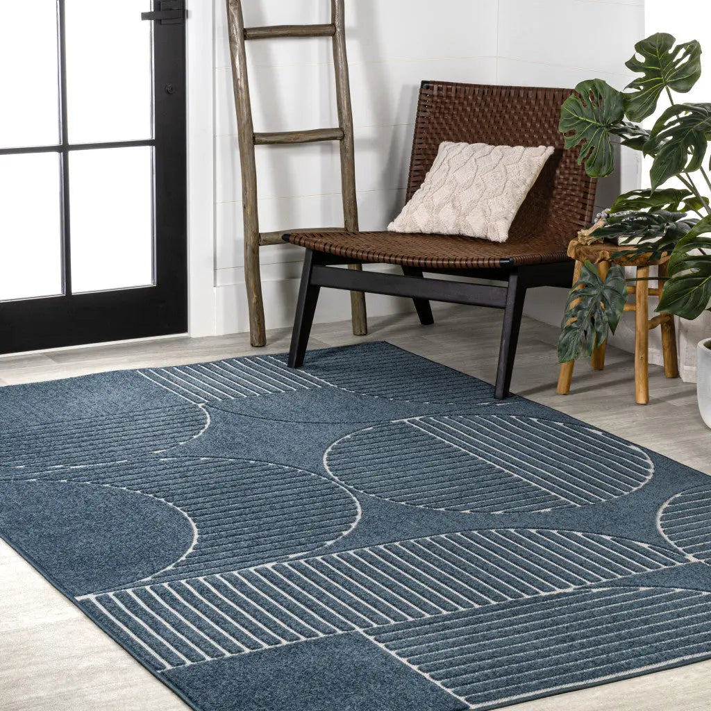 8' X 10' Navy Blue And Cream Striped Indoor Outdoor Area Rug - GreatEagleInc
