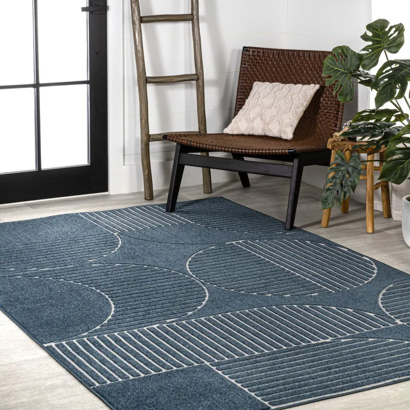 8' X 10' Navy Blue And Cream Striped Indoor Outdoor Area Rug - GreatEagleInc