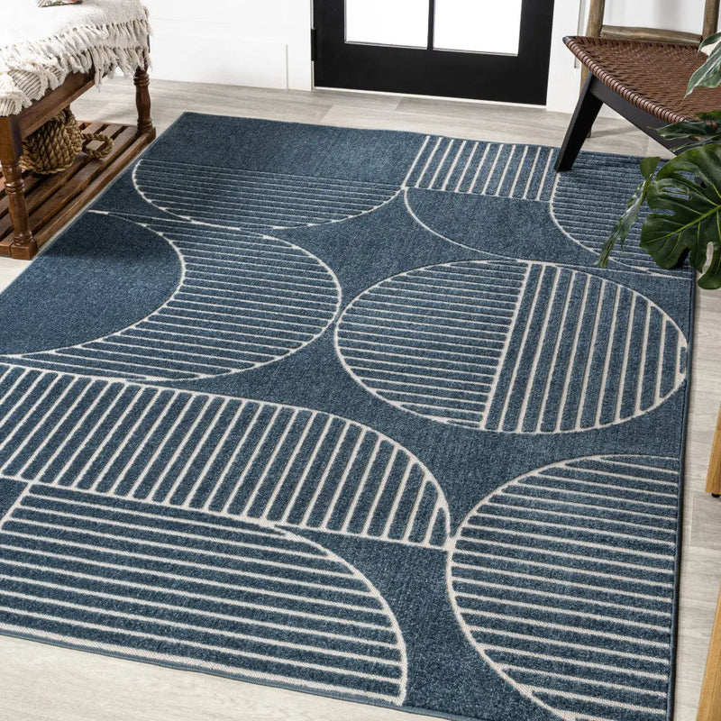 8' X 10' Navy Blue And Cream Striped Indoor Outdoor Area Rug - GreatEagleInc