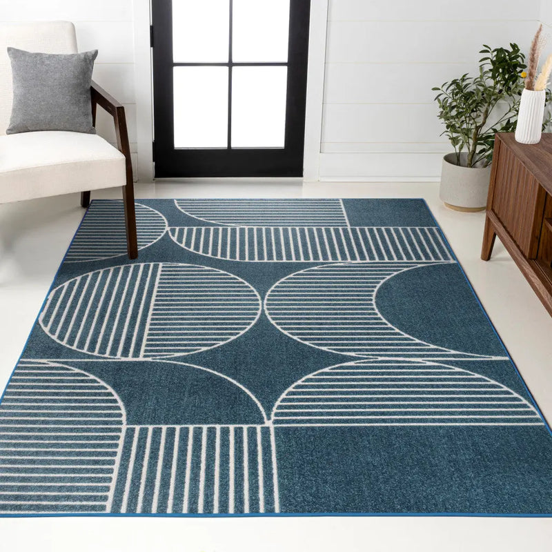 8' X 10' Navy Blue And Cream Striped Indoor Outdoor Area Rug - GreatEagleInc