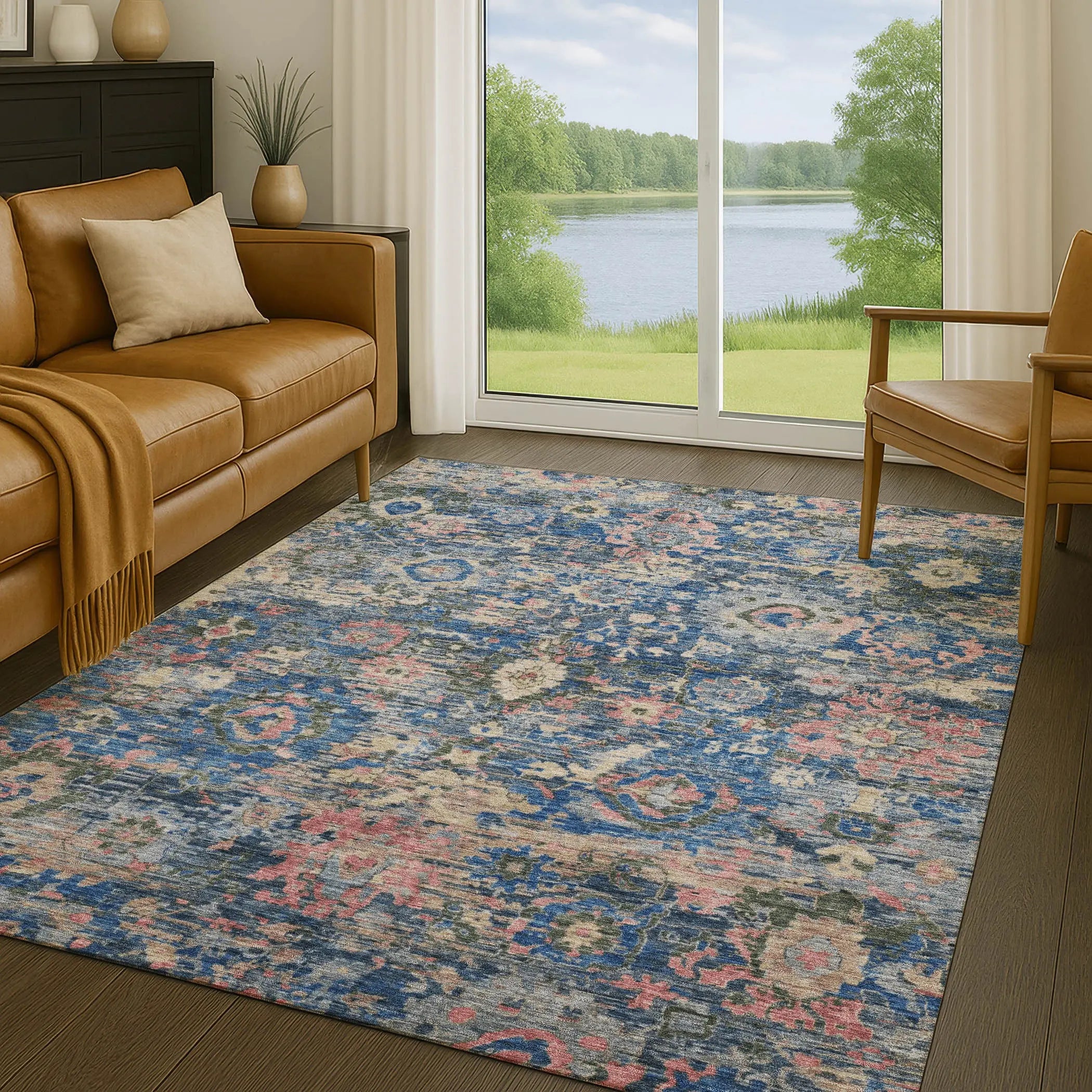 8' X 10' Navy Blue And Denim Blue Floral Washable Indoor Outdoor Area Rug Homeroots Outdoor
