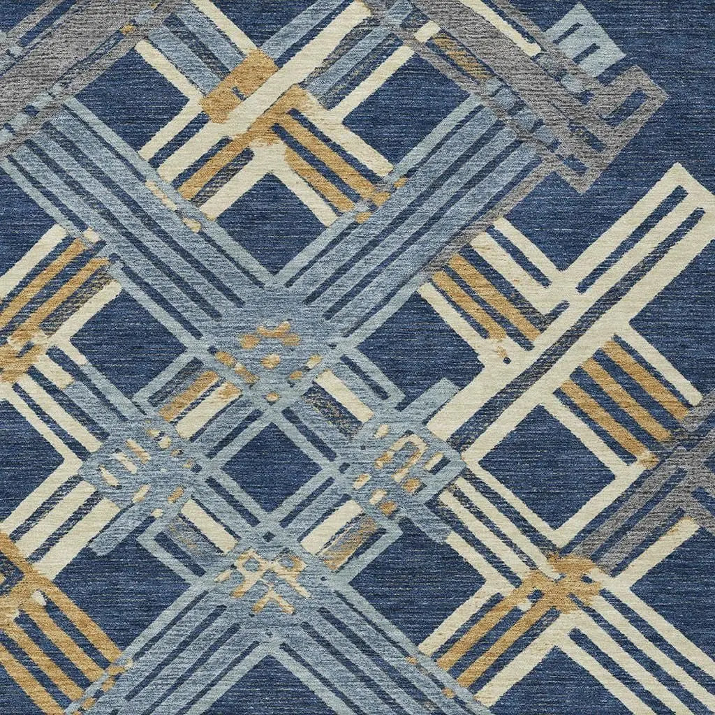 8' X 10' Navy Blue And Denim Blue Geometric Washable Indoor Outdoor Area Rug Homeroots Outdoor