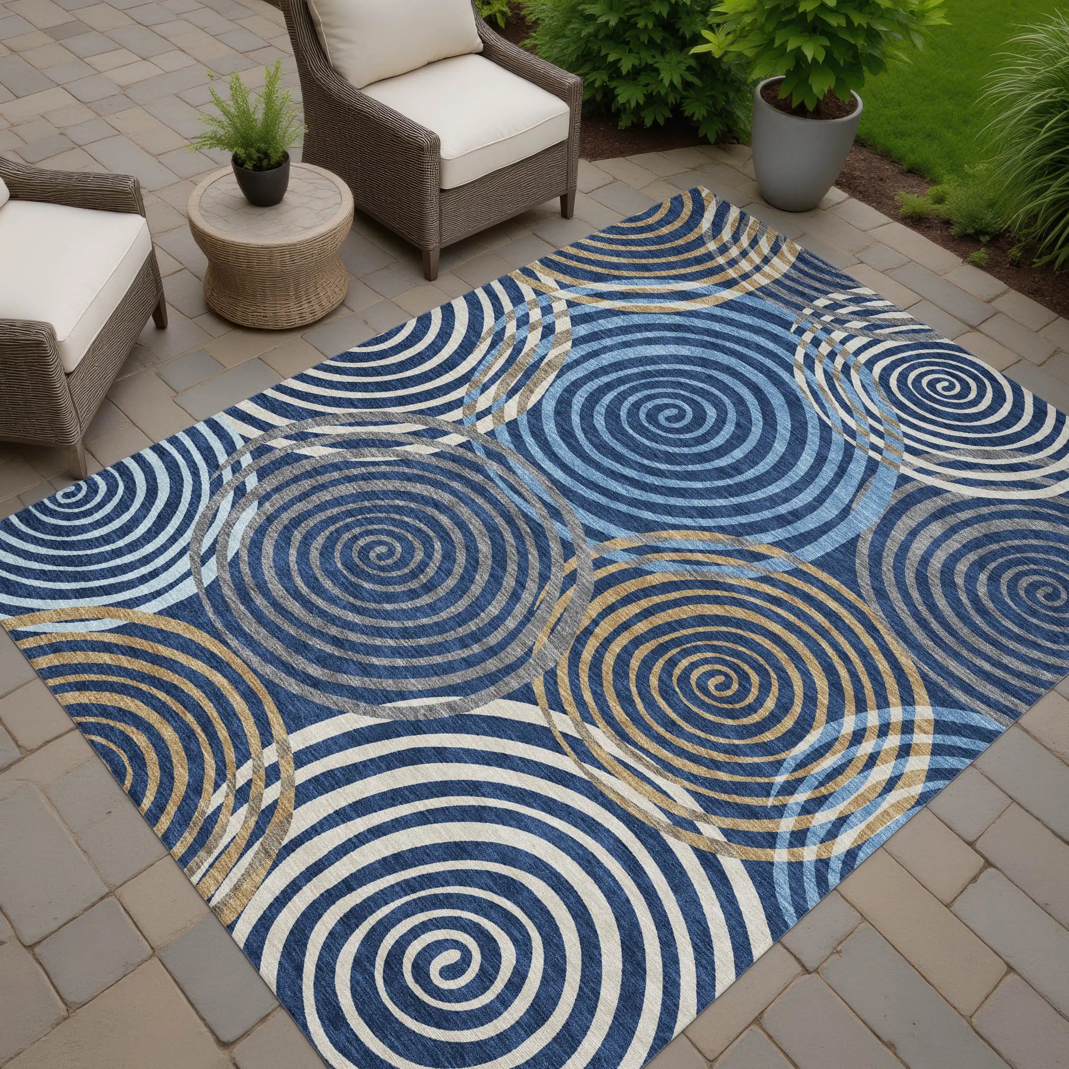 8' X 10' Navy Blue And Denim Blue Geometric Washable Indoor Outdoor Area Rug Homeroots Outdoor