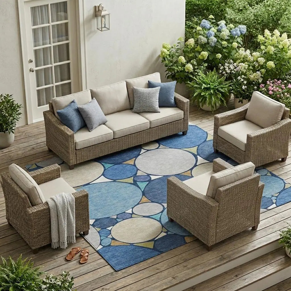 8' X 10' Navy Blue And Denim Blue Geometric Washable Indoor Outdoor Area Rug Homeroots Outdoor