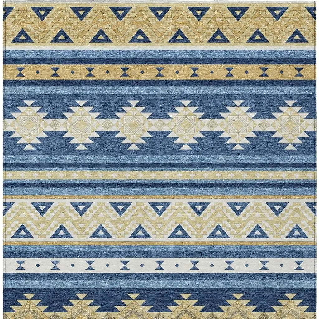 8' X 10' Navy Blue And Denim Blue Southwestern Washable Indoor Outdoor Area Rug Homeroots Outdoor
