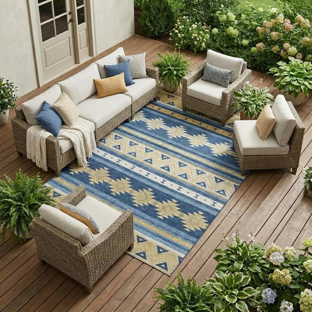 8' X 10' Navy Blue And Denim Blue Southwestern Washable Indoor Outdoor Area Rug Homeroots Outdoor