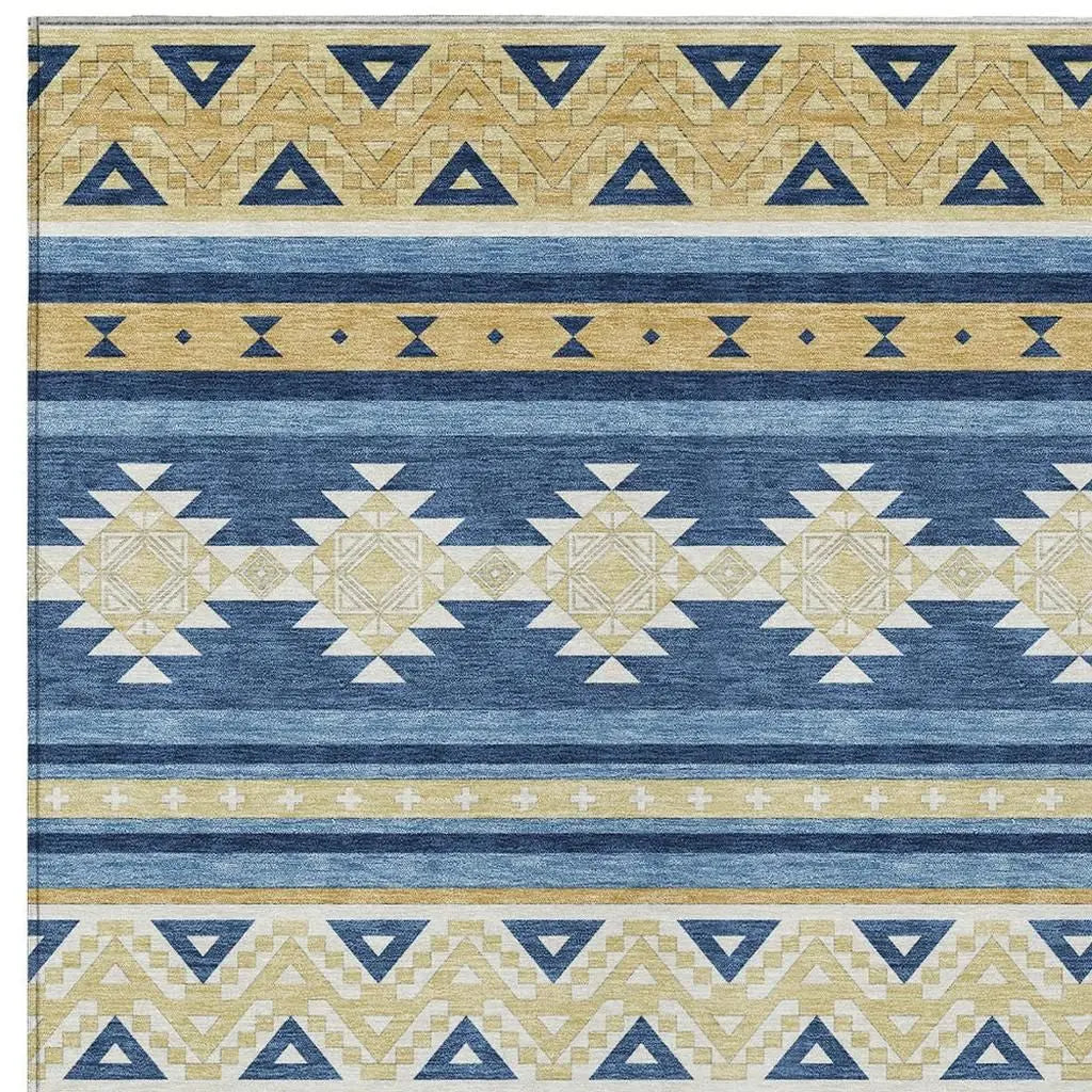 8' X 10' Navy Blue And Denim Blue Southwestern Washable Indoor Outdoor Area Rug Homeroots Outdoor