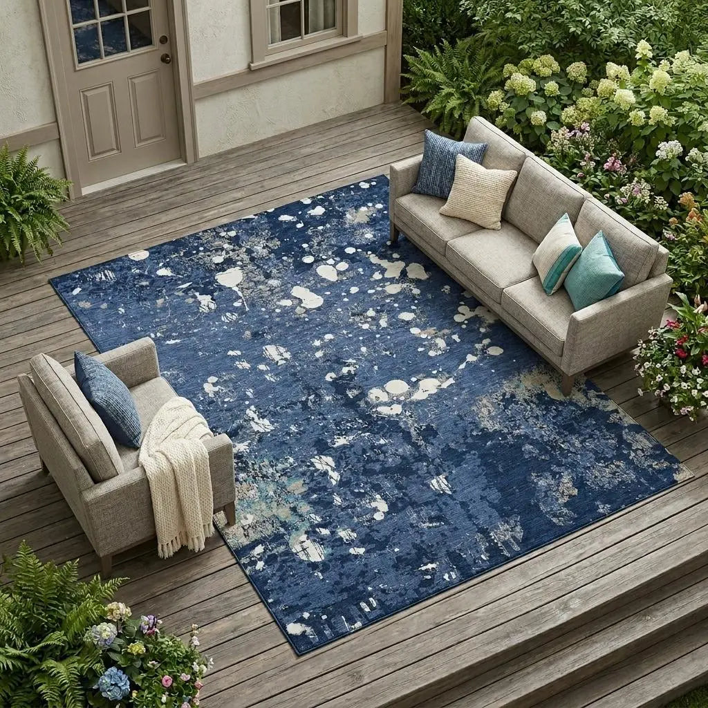 8' X 10' Navy Blue And Fern Green Abstract Washable Indoor Outdoor Area Rug Homeroots Outdoor