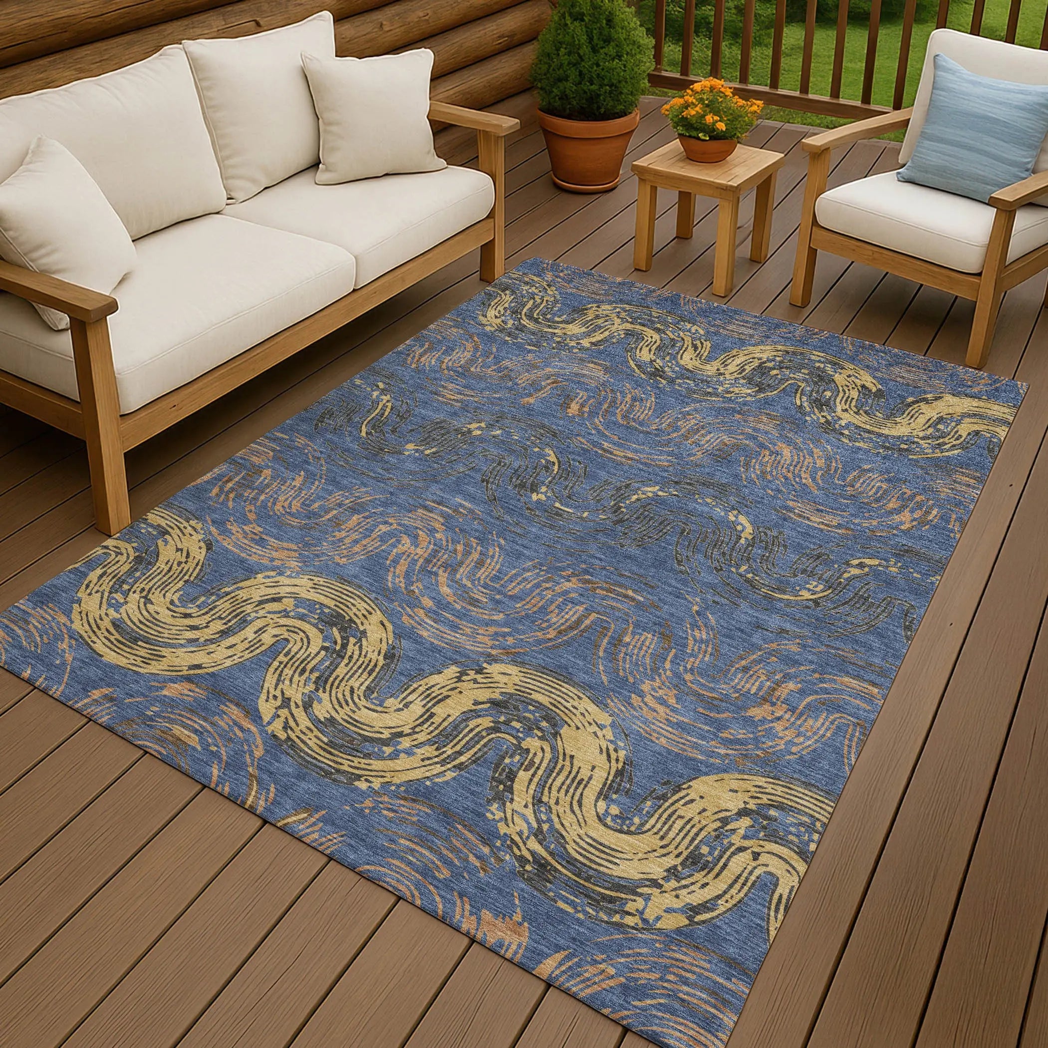 8' X 10' Navy Blue And Gold Abstract Washable Indoor Outdoor Area Rug Homeroots Outdoor