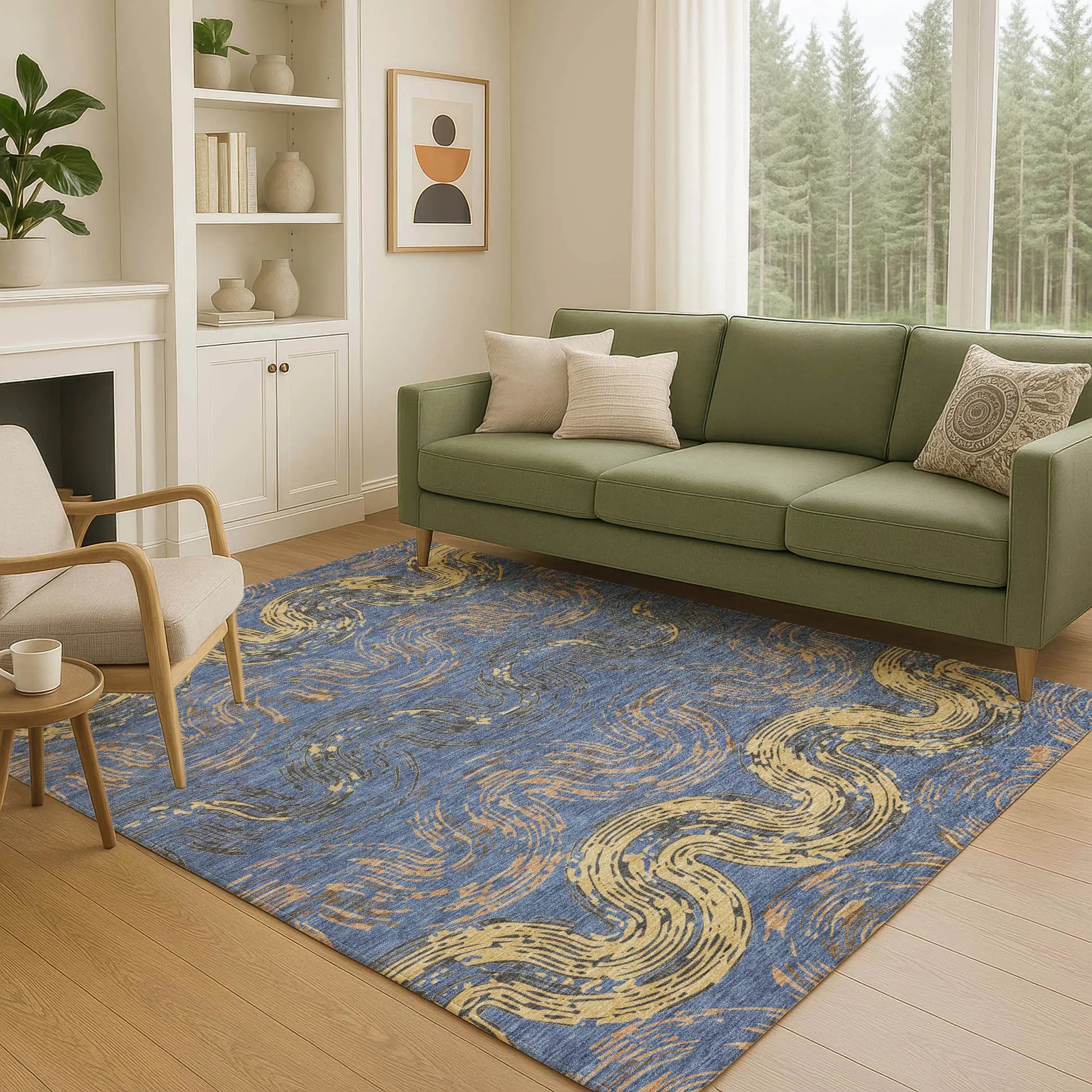 8' X 10' Navy Blue And Gold Abstract Washable Indoor Outdoor Area Rug Homeroots Outdoor
