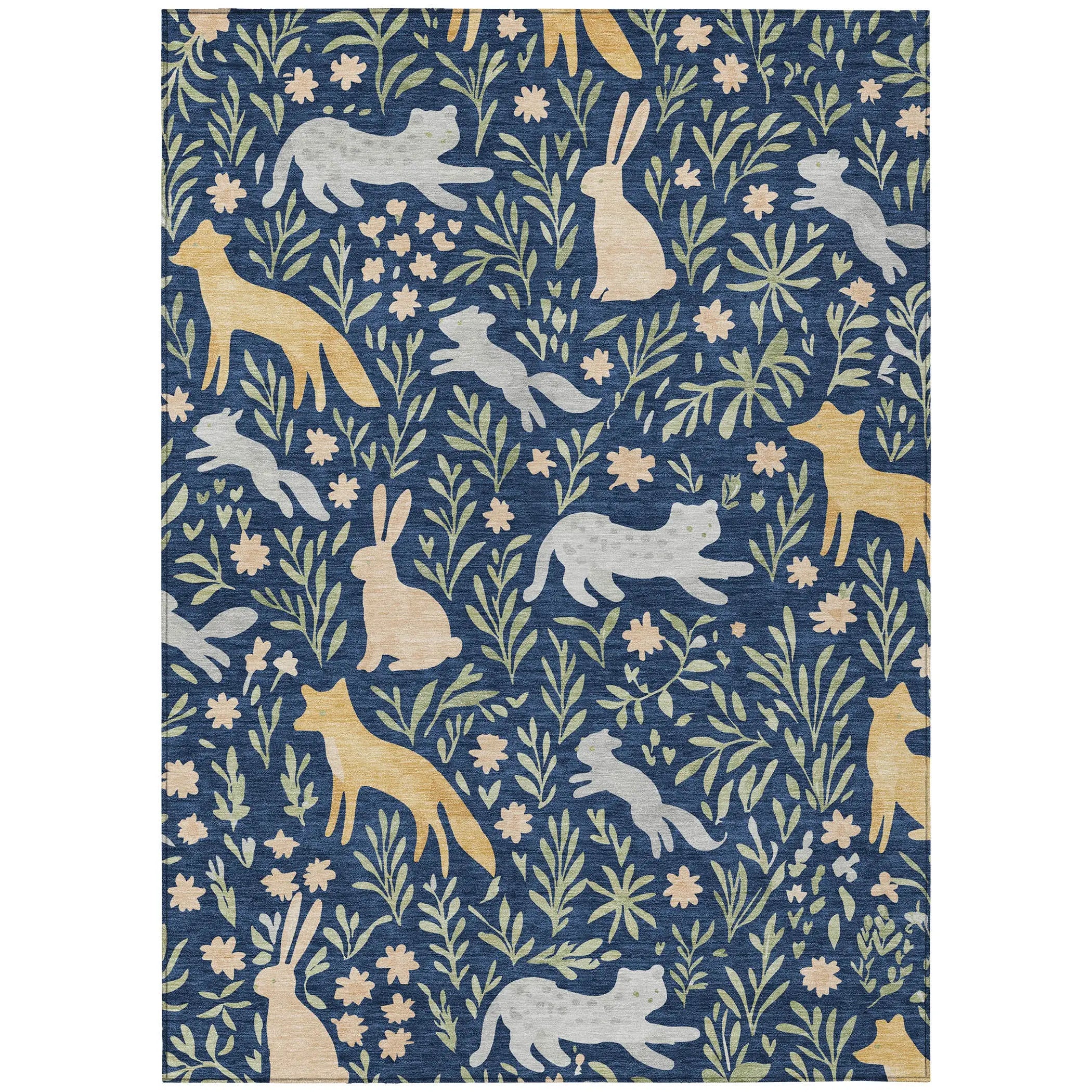 8' X 10' Navy Blue And Gold Botanical Leaves Washable Indoor Outdoor Area Rug Homeroots Outdoor