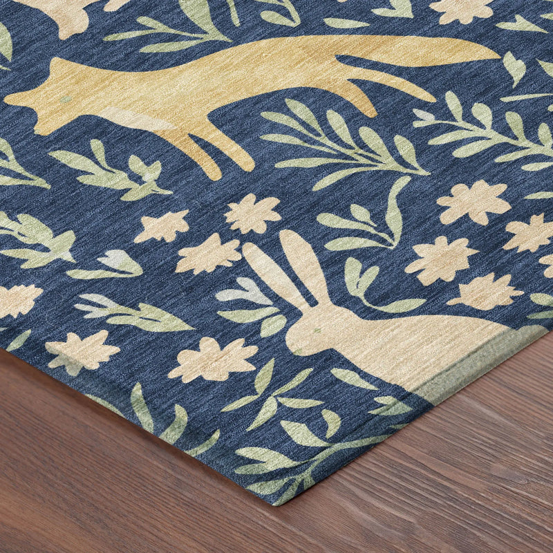 8' X 10' Navy Blue And Gold Botanical Leaves Washable Indoor Outdoor Area Rug Homeroots Outdoor