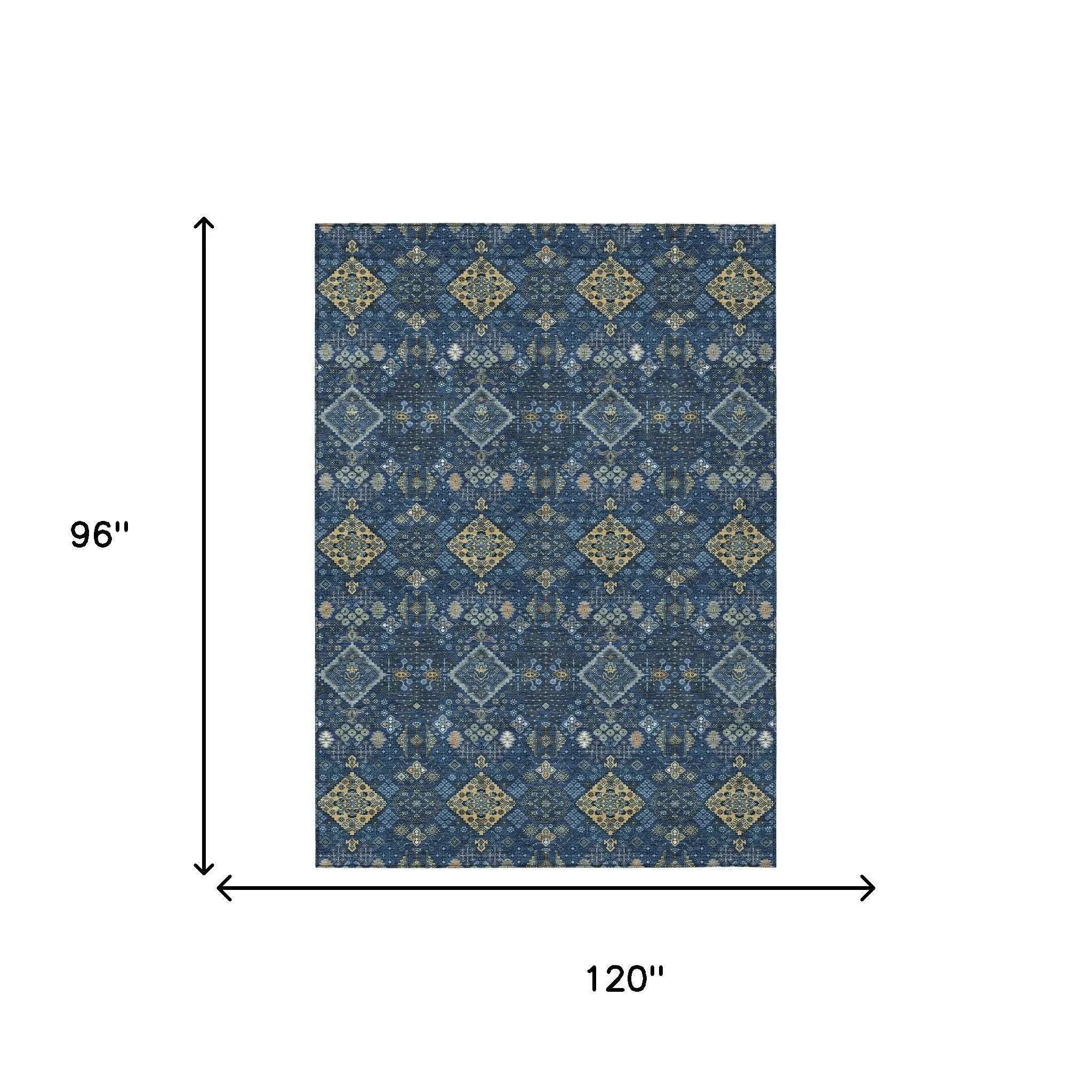 8' X 10' Navy Blue And Gold Geometric Washable Indoor Outdoor Area Rug Homeroots Outdoor