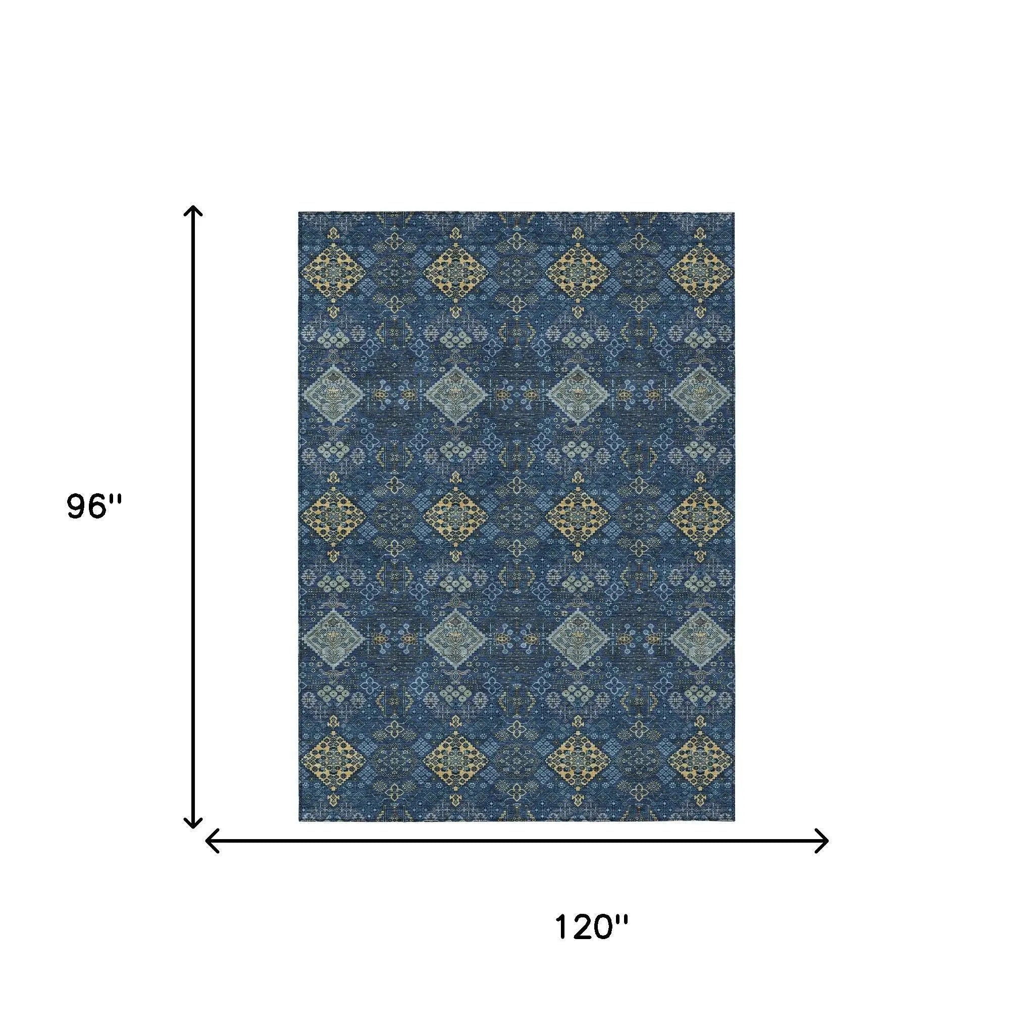 8' X 10' Navy Blue And Gold Geometric Washable Indoor Outdoor Area Rug Homeroots Outdoor