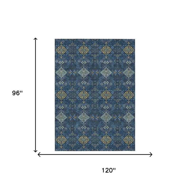 8' X 10' Navy Blue And Gold Geometric Washable Indoor Outdoor Area Rug Homeroots Outdoor