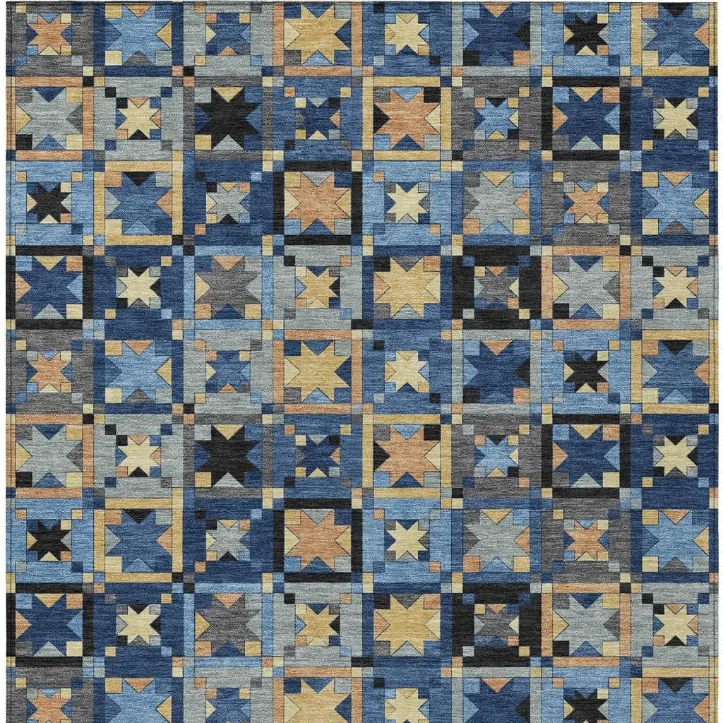 8' X 10' Navy Blue And Gold Patchwork Washable Indoor Outdoor Area Rug Homeroots Outdoor