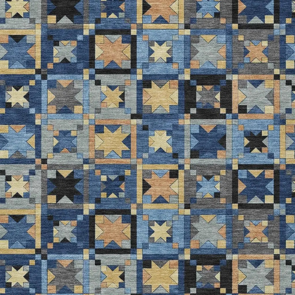 8' X 10' Navy Blue And Gold Patchwork Washable Indoor Outdoor Area Rug Homeroots Outdoor