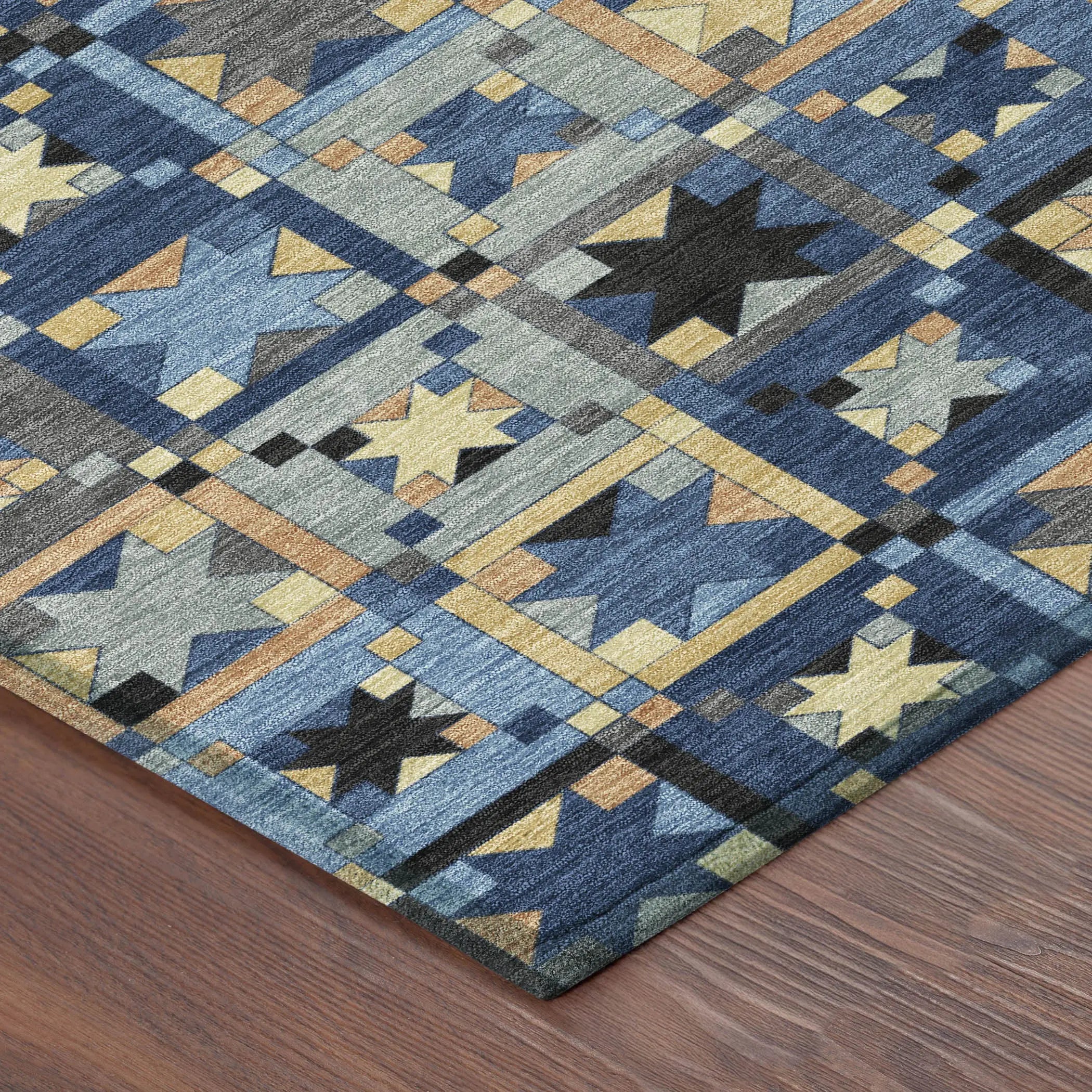 8' X 10' Navy Blue And Gold Patchwork Washable Indoor Outdoor Area Rug Homeroots Outdoor