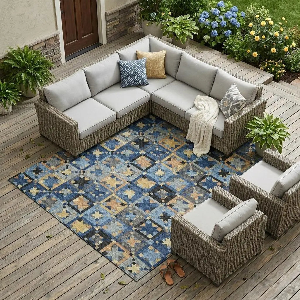 8' X 10' Navy Blue And Gold Patchwork Washable Indoor Outdoor Area Rug Homeroots Outdoor