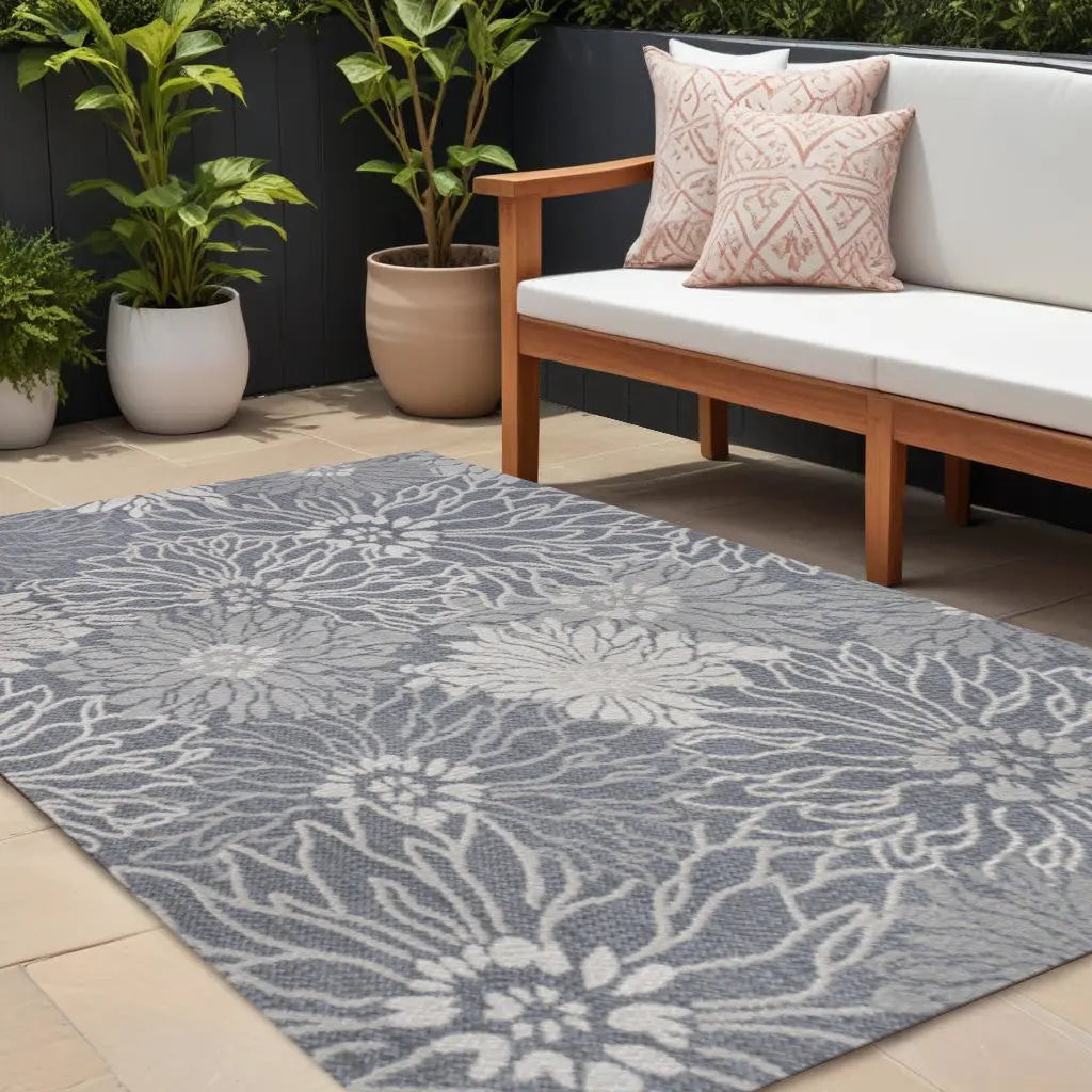 8' X 10' Navy Blue And Gray Floral Indoor Outdoor Area Rug Homeroots Outdoor