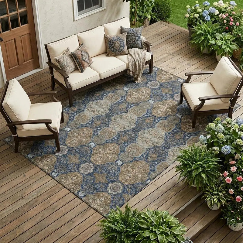 8' X 10' Navy Blue And Gray Floral Washable Indoor Outdoor Area Rug Homeroots Outdoor
